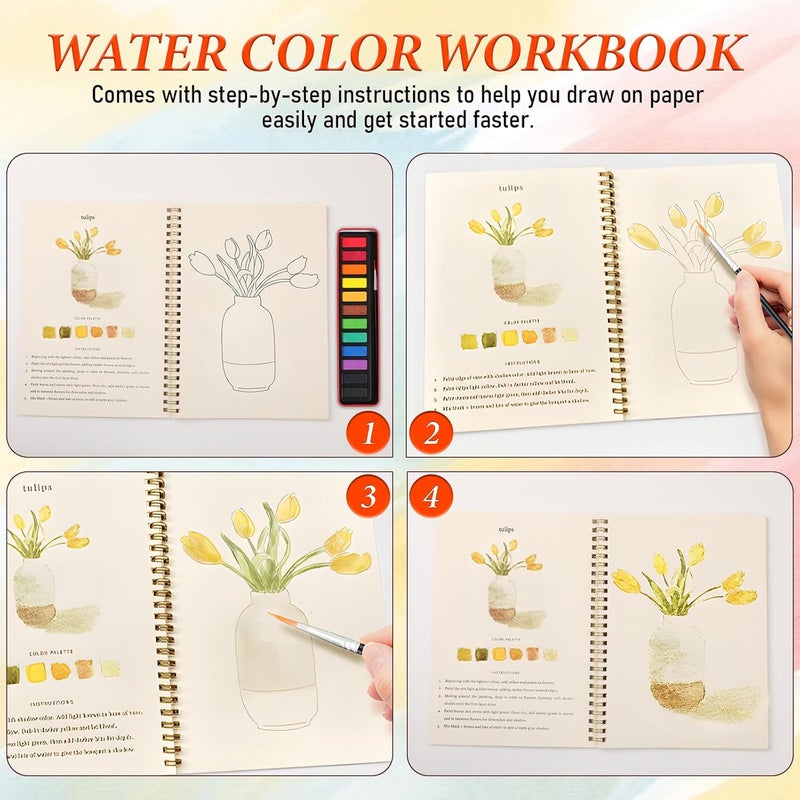 KOSIMI Watercolor Workbook – Water Coloring Book, Beginner Watercolor Painting Kit Paint Set Workbook with 12 Watercolor Paints & Brush (Potted Plant) - Image 4